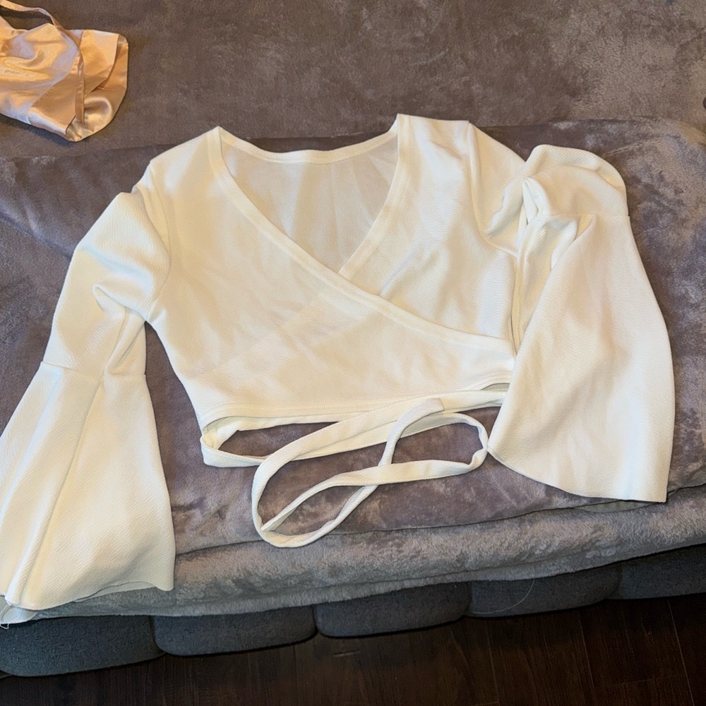White cropped shirt with strings to tie around waist